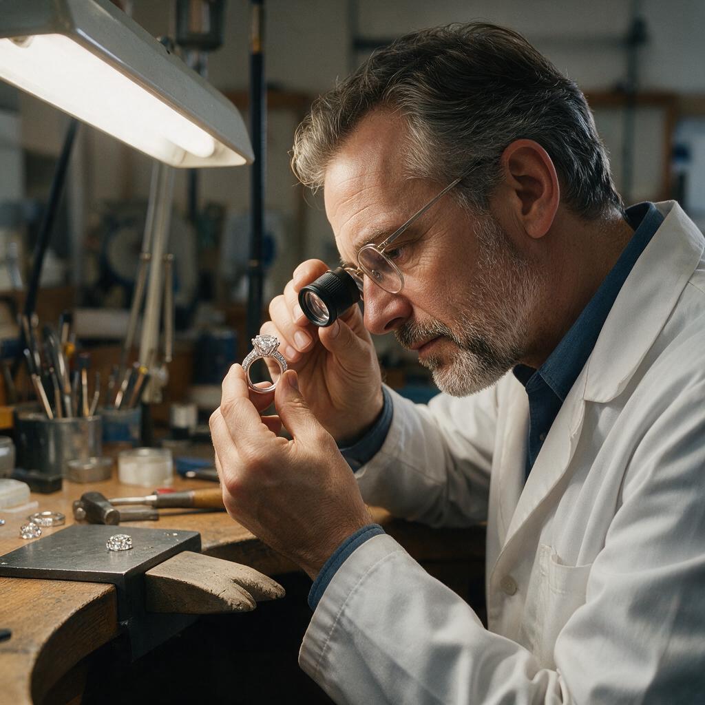 Master jeweler inspecting a finished ring